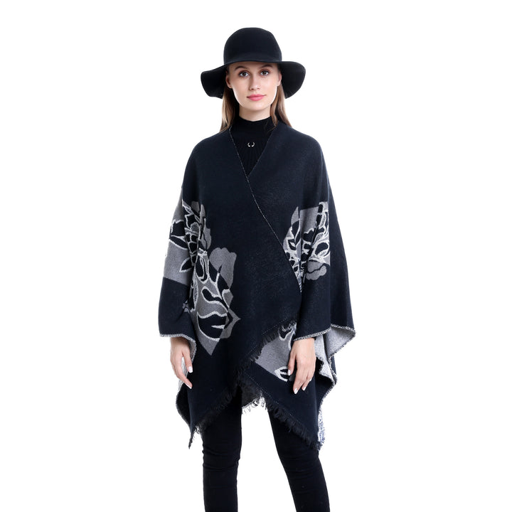 Women's Jacquard Ruana with floral motif, double-layered and fringed hem Mune Fashion