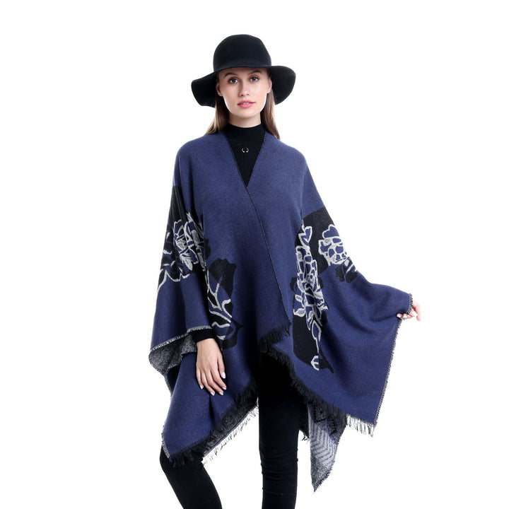 Women's Jacquard Ruana with floral motif, double-layered and fringed hem Mune Fashion