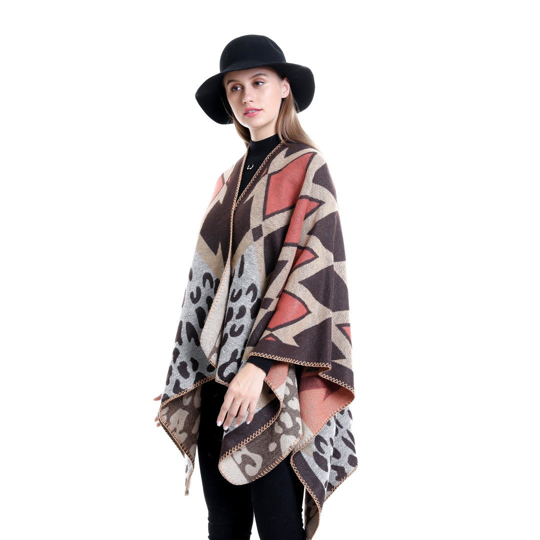 Women's jacquard knit ruana with geometric oversized fall and V-neck Mune Fashion