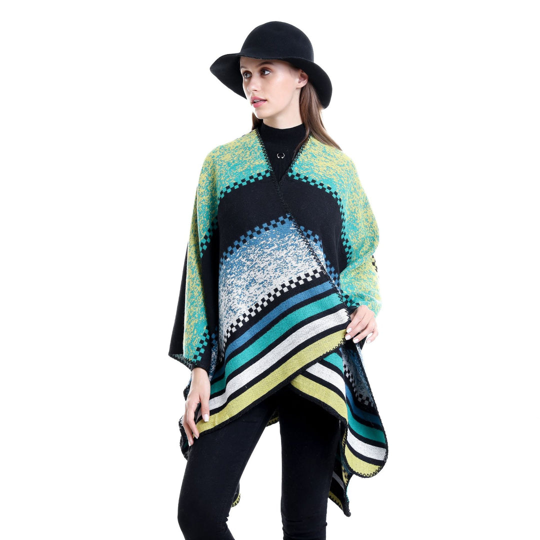 Women's Jacquard Ruana Poncho in Oversize with graphic stripe and ornament pattern Mune Fashion