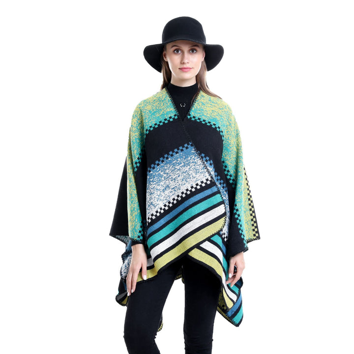 Women's Jacquard Ruana Poncho in Oversize with graphic stripe and ornament pattern Mune Fashion