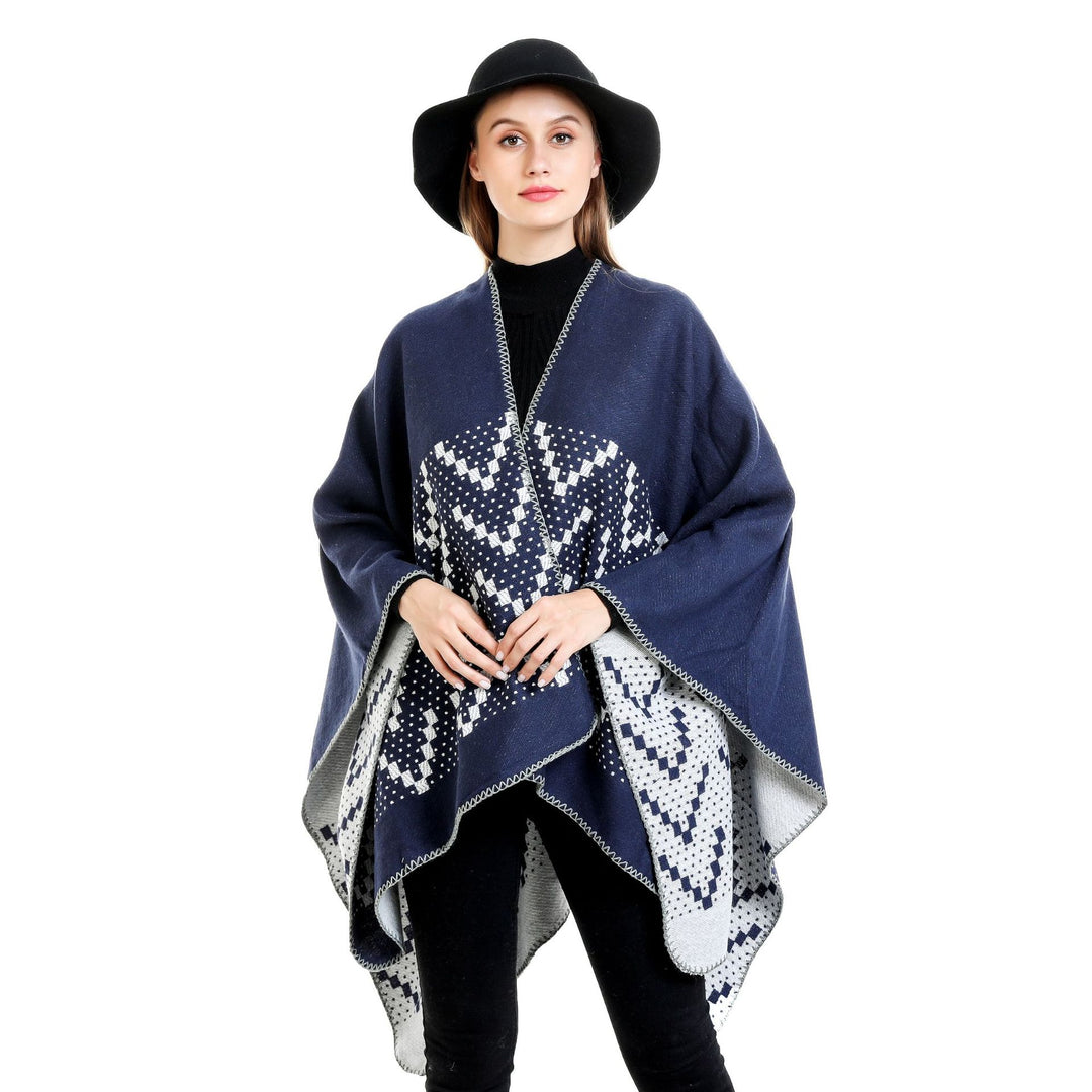 Women's jacquard wrap ruana with geometric pattern and open kimono silhouette Mune Fashion