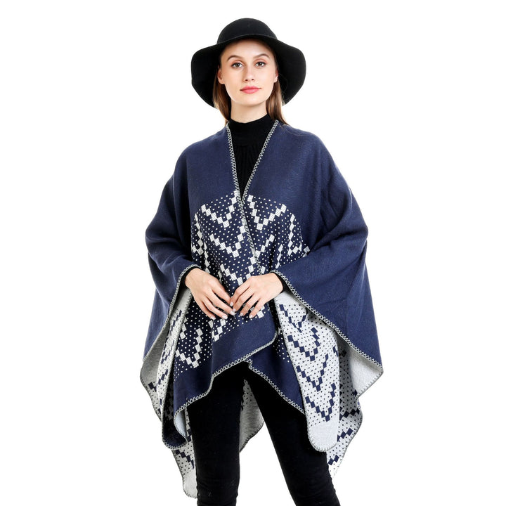 Women's jacquard wrap ruana with geometric pattern and open kimono silhouette Mune Fashion