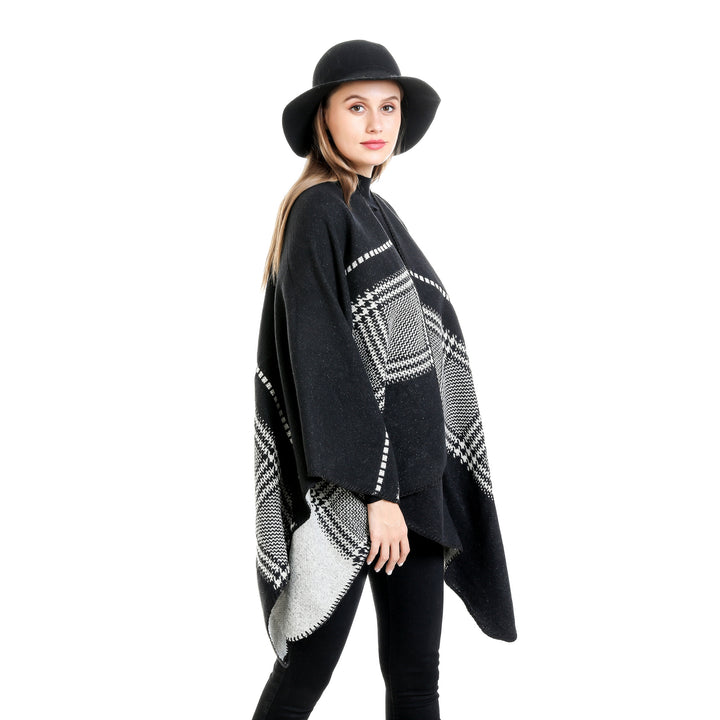 Women Jacquard wool blend ruana with open kimono fall and decorative overlock seam Mune Fashion