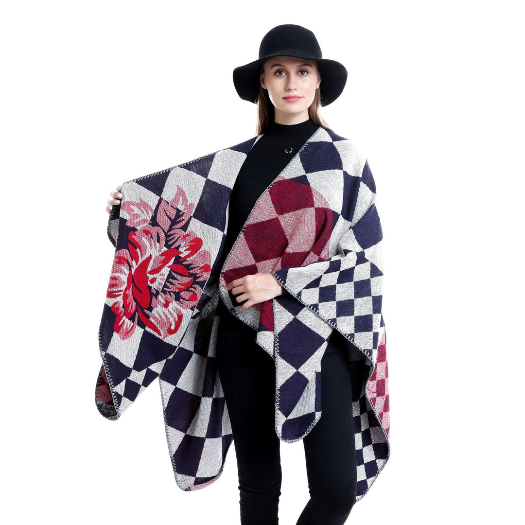 Women's Oversize Ruana in Jacquard with Check Pattern and Floral Allover Print