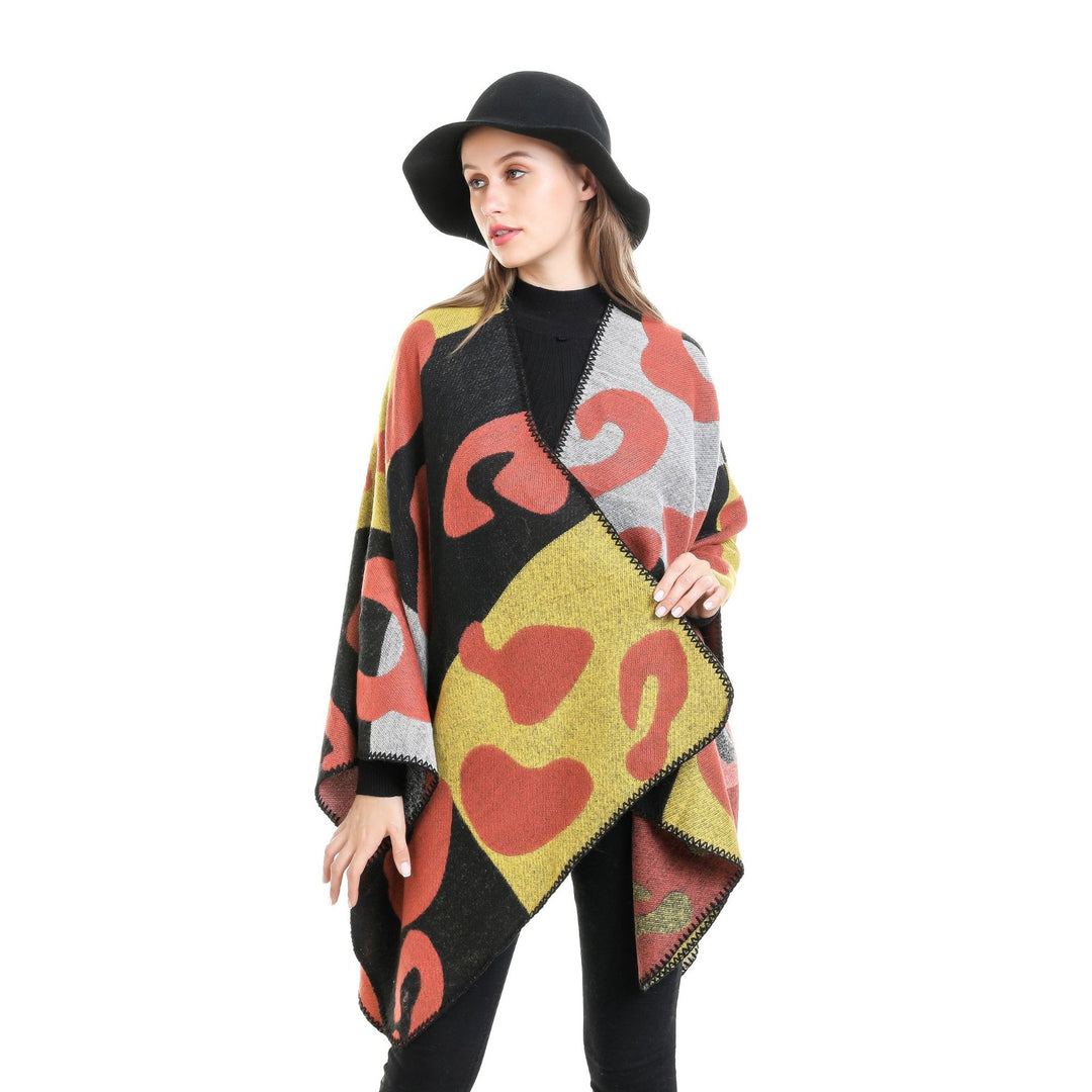 Women's Oversized Ruana with abstract graphic jacquard and decorative overlock seam Mune Fashion