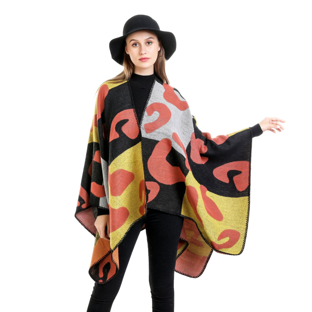 Women's Oversized Ruana with abstract graphic jacquard and decorative overlock seam Mune Fashion