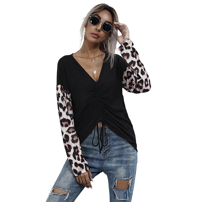 Women's Ribbed V-Neck Long Sleeve with Gathering & Leo Sleeves Mune Fashion