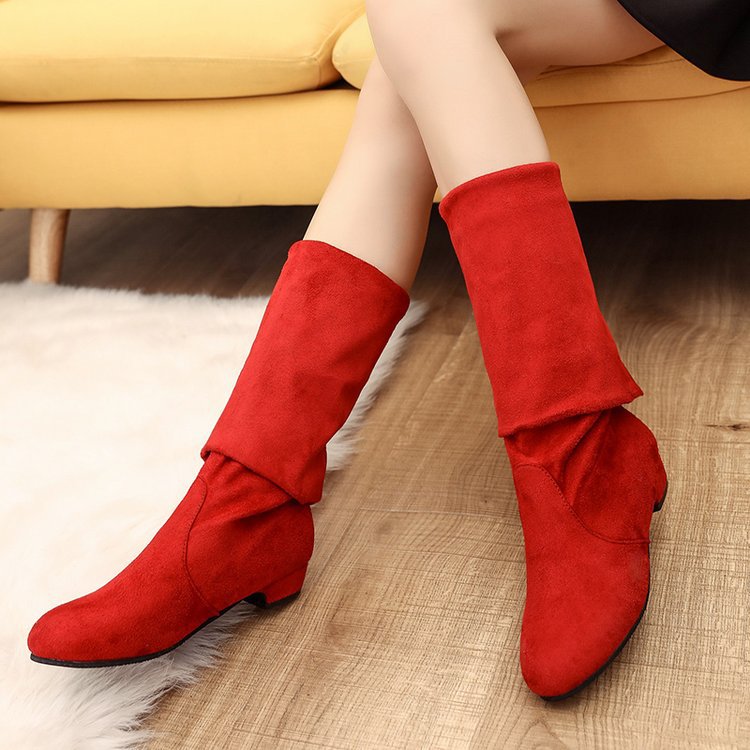 Ladies Overknee Boots with soft suede finish, flat wedge heel and stretchy shaft Mune Fashion