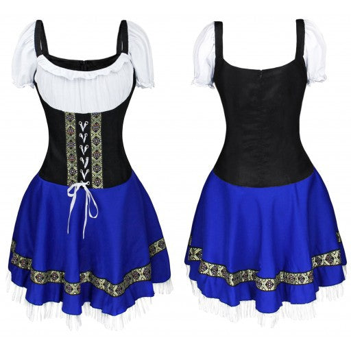 Ladies traditional dirndl dress with lace sleeves, bodice corset, and gathered apron Mune Fashion