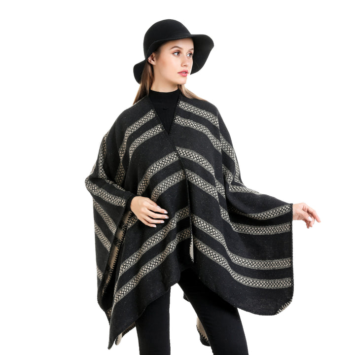 Ladies Oversize Ruana with graphic longitudinal jacquard stripes and open kimono fall Mune Fashion