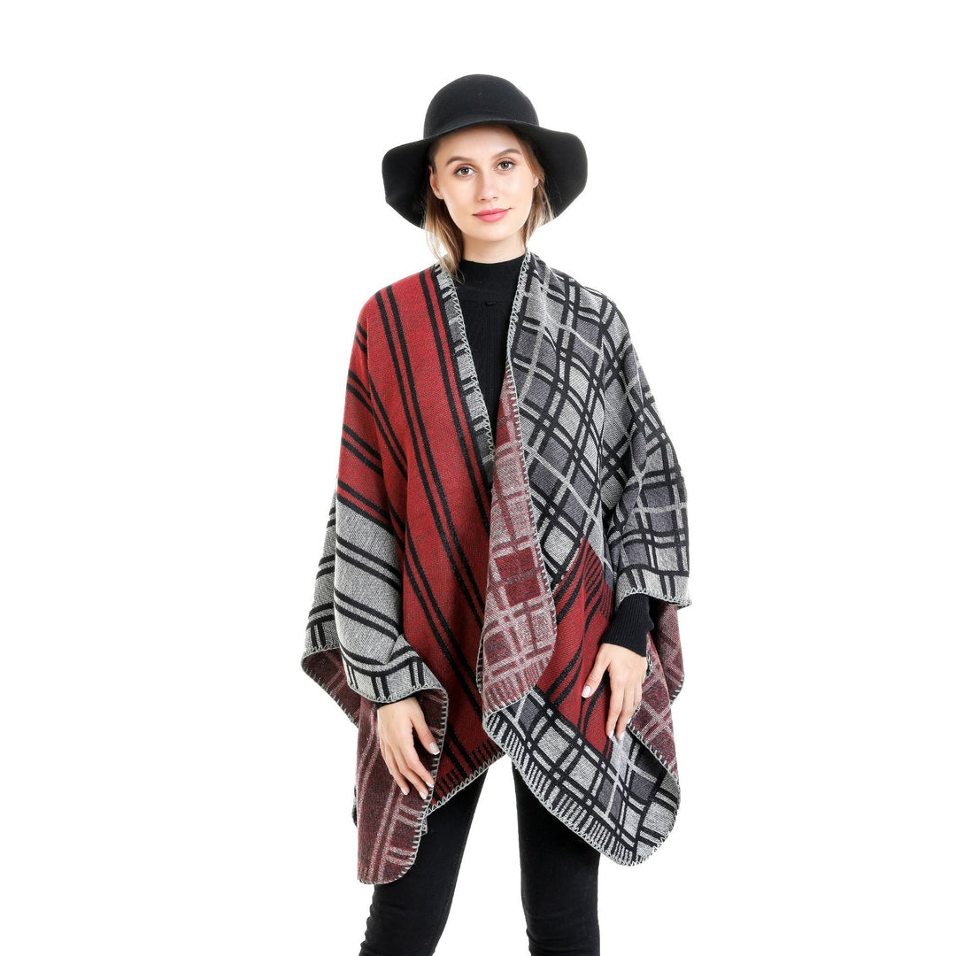 Women's Oversized Ruana in Patch Plaid Knit with Open Hem Mune Fashion