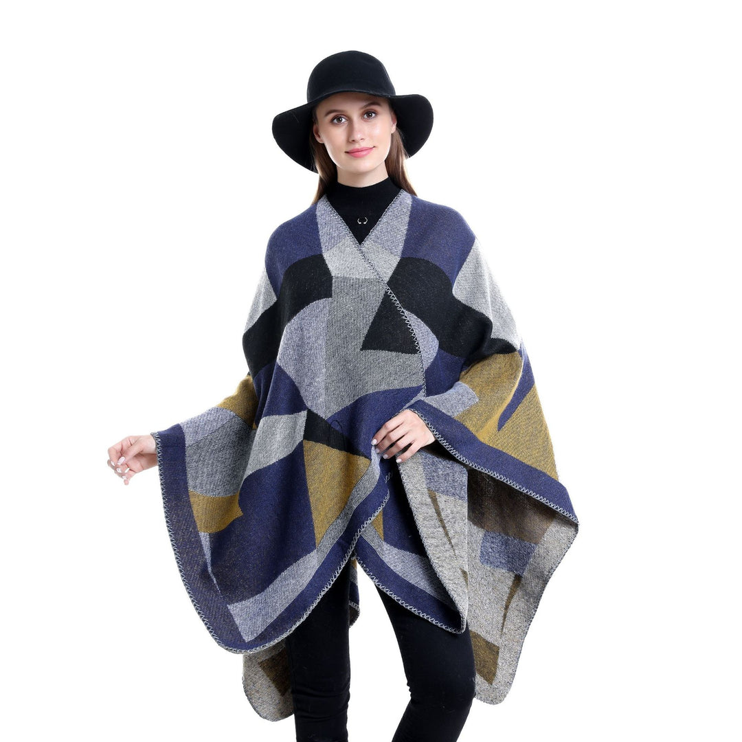 Women's Chunky Knit Oversized Ruana with Graphic Block Pattern and Asymmetrical Pointed Hem Mune Fashion
