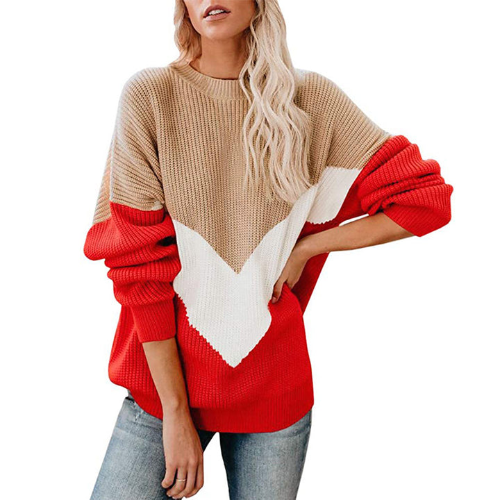 Women's Oversize Colorblock Sweater with V Intarsia, Ribbed Cuffs and Structured Knit Mune Fashion