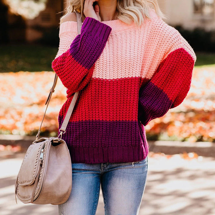 Women's Off-shoulder Oversize Block Stripe Knit Sweater Mune Fashion