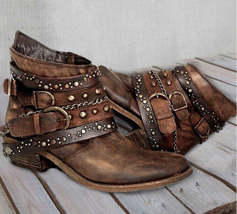 Women ankle-high biker ankle boots with multiple studded straps, decorative chains, and adjustable buckles Mune Fashion