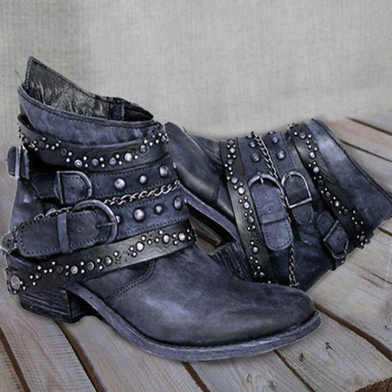 Women ankle-high biker ankle boots with multiple studded straps, decorative chains, and adjustable buckles Mune Fashion