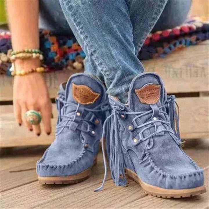 Women's Moccasin-Ankle Boot with Fringe, Lacing and Padded Comfort Footbed Mune Fashion