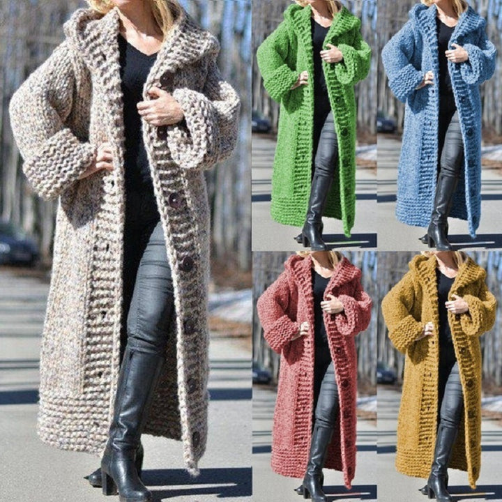 Women's Oversize Chunky Knit Maxi Coat with Hood and Button Placket Mune Fashion