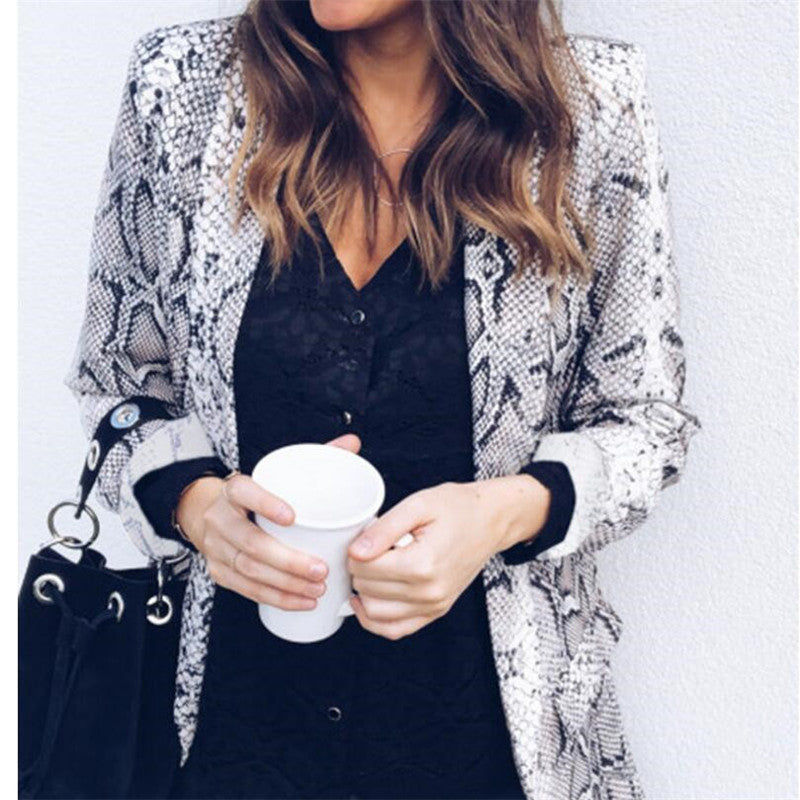 Women's Lightweight Long Blazer with Snake Print, Open Front and Patch Pockets Mune Fashion