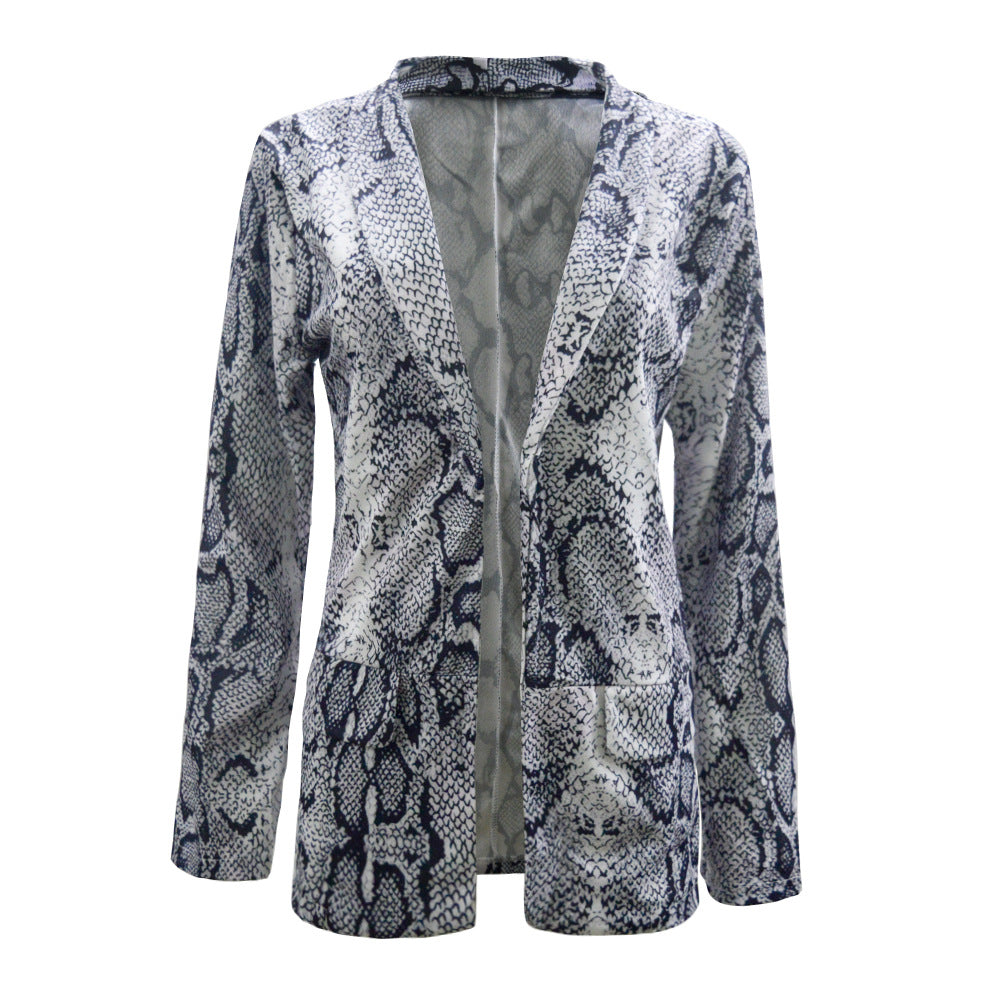 Women's Lightweight Long Blazer with Snake Print, Open Front and Patch Pockets Mune Fashion