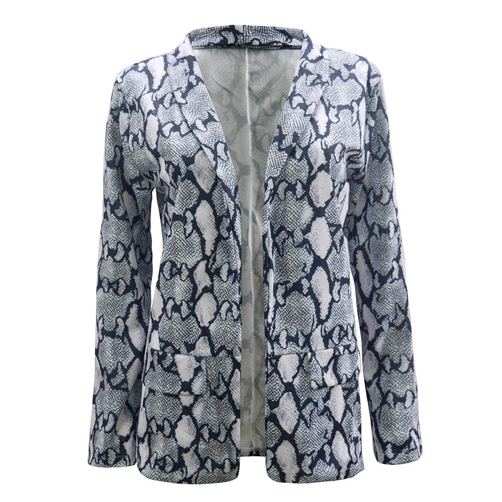Women's Lightweight Long Blazer with Snake Print, Open Front and Patch Pockets Mune Fashion
