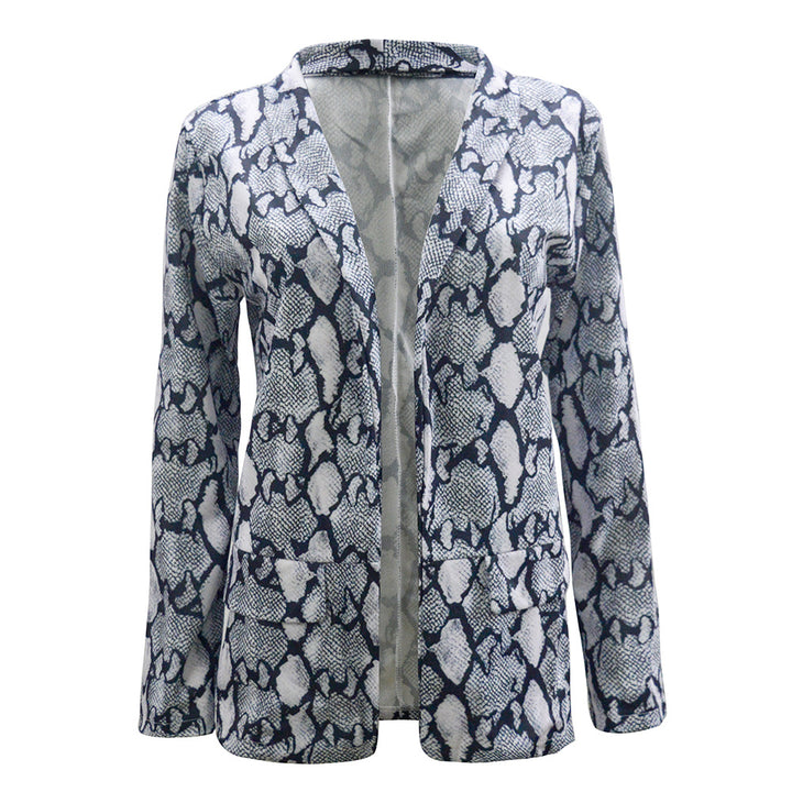 Women's Lightweight Long Blazer with Snake Print, Open Front and Patch Pockets Mune Fashion