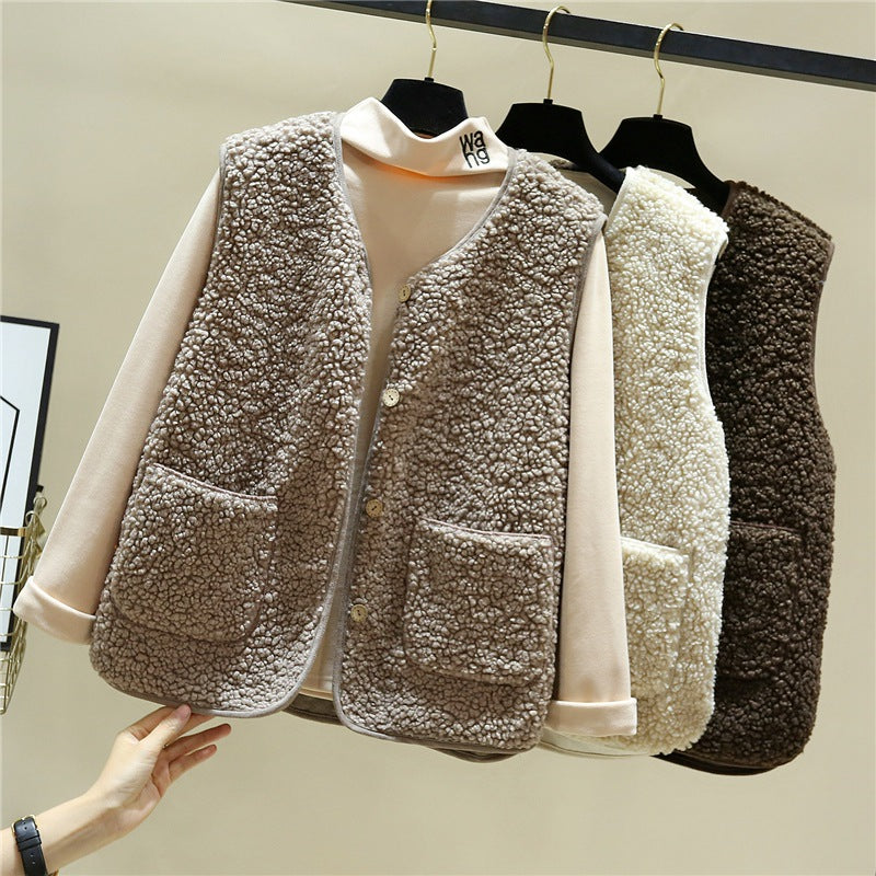 Women cozy teddy vest with snap button and patch pockets Mune Fashion