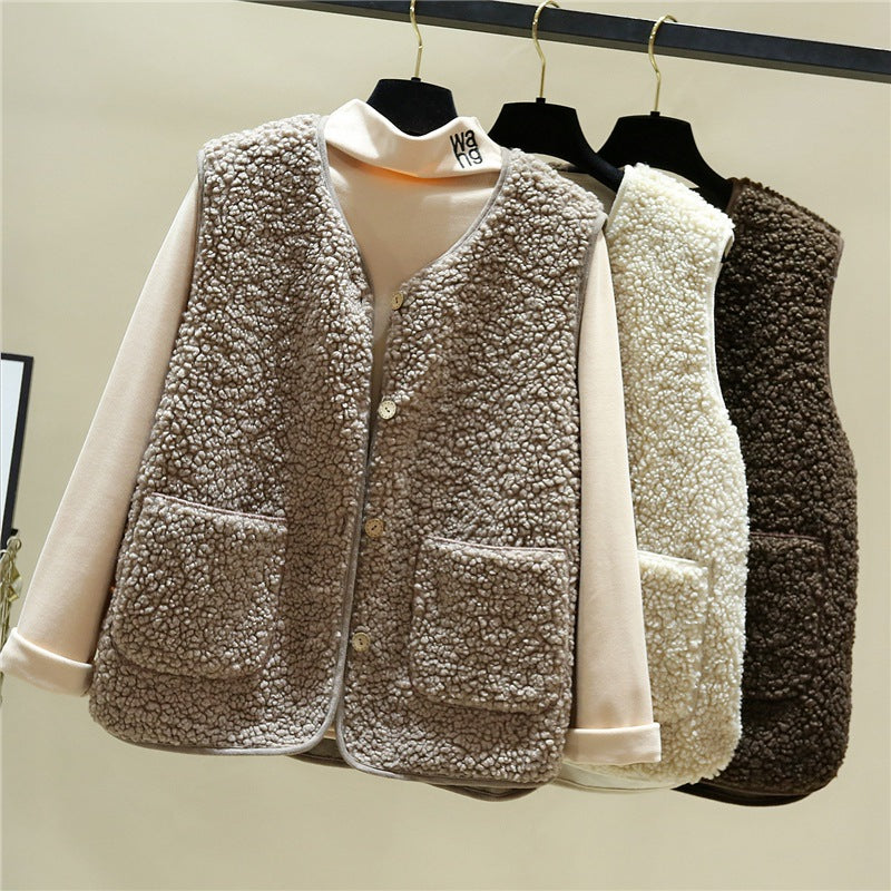 Women cozy teddy vest with snap button and patch pockets Mune Fashion
