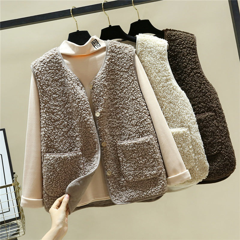 Women cozy teddy vest with snap button and patch pockets Mune Fashion