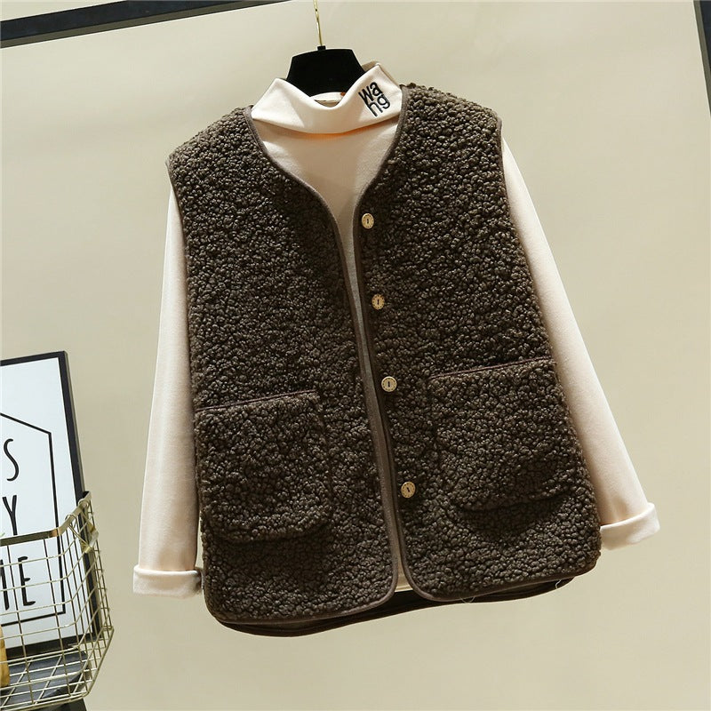 Women cozy teddy vest with snap button and patch pockets Mune Fashion
