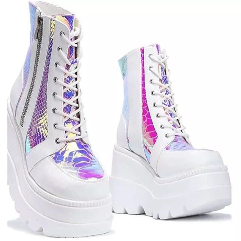 Ladies' platform biker boots with holographic inserts, lacing, and side zipper Mune Fashion