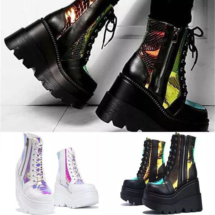Ladies' platform biker boots with holographic inserts, lacing, and side zipper Mune Fashion