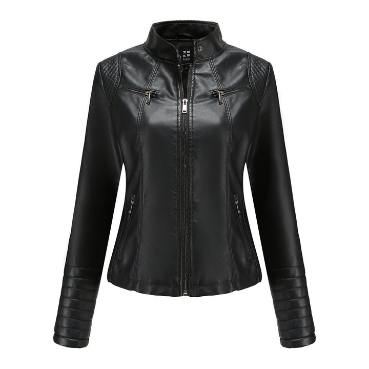 Women's fitted biker jacket made of faux leather with stand-up collar and quilted sleeve section Mune Fashion