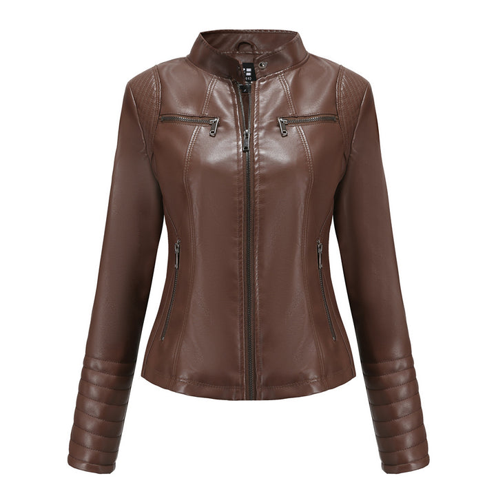 Women's fitted biker jacket made of faux leather with stand-up collar and quilted sleeve section Mune Fashion