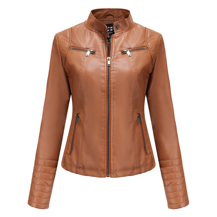 Women's fitted biker jacket made of faux leather with stand-up collar and quilted sleeve section Mune Fashion