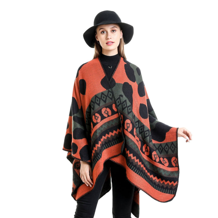 Women Jacquard Ruana Poncho with Ethno Jacquard and open oversized fall Mune Fashion