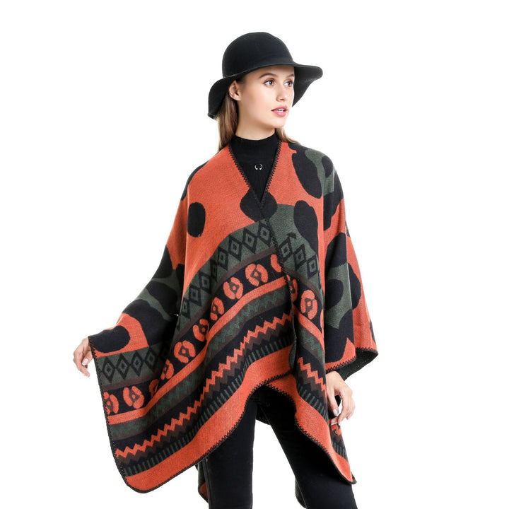 Women Jacquard Ruana Poncho with Ethno Jacquard and open oversized fall Mune Fashion