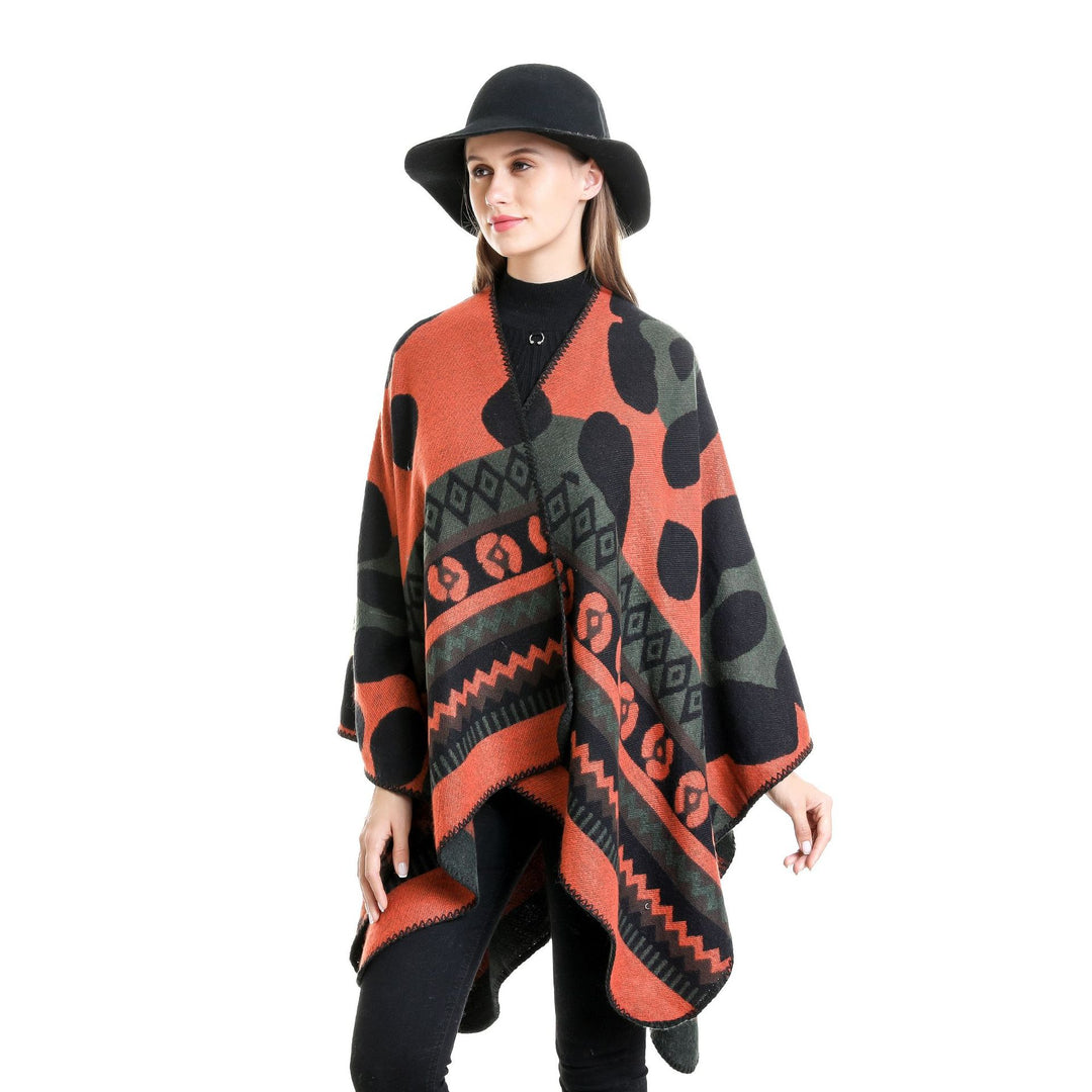 Women Jacquard Ruana Poncho with Ethno Jacquard and open oversized fall Mune Fashion
