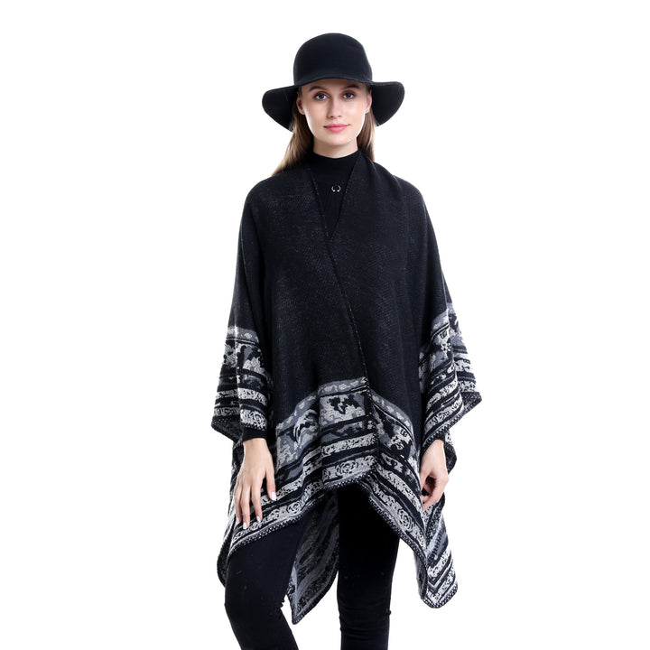 Women Soft-Falling Oversize Ruana in Cloak Style with Ornamental Border Mune Fashion