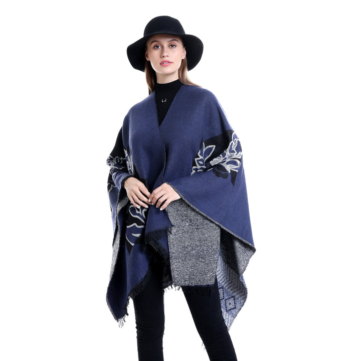 Women's Jacquard Ruana with floral motif, double-layered and fringed hem Mune Fashion