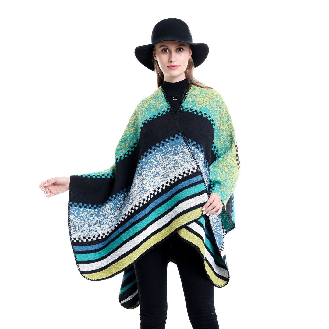 Women's Jacquard Ruana Poncho in Oversize with graphic stripe and ornament pattern Mune Fashion