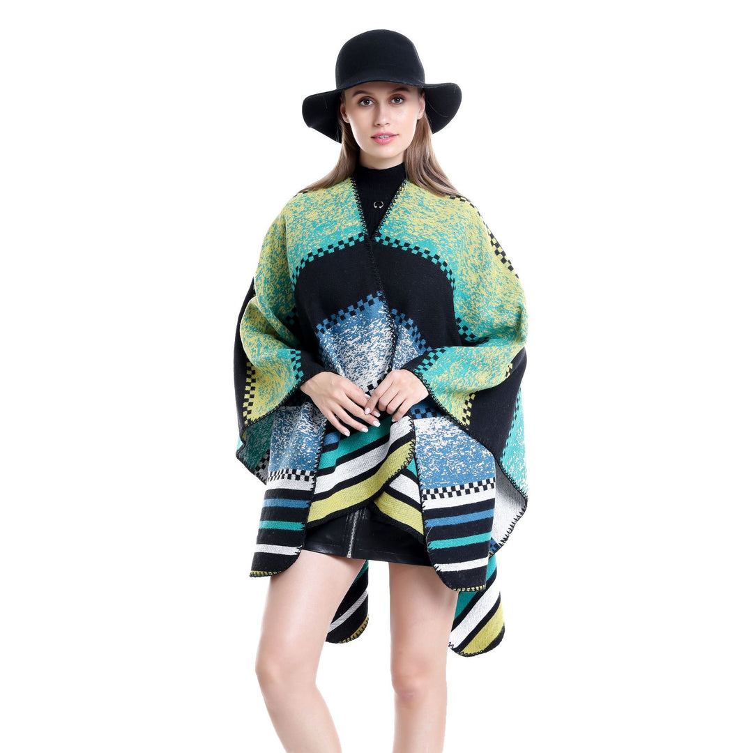 Women's Jacquard Ruana Poncho in Oversize with graphic stripe and ornament pattern Mune Fashion