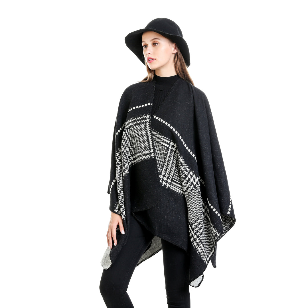 Women Jacquard wool blend ruana with open kimono fall and decorative overlock seam Mune Fashion