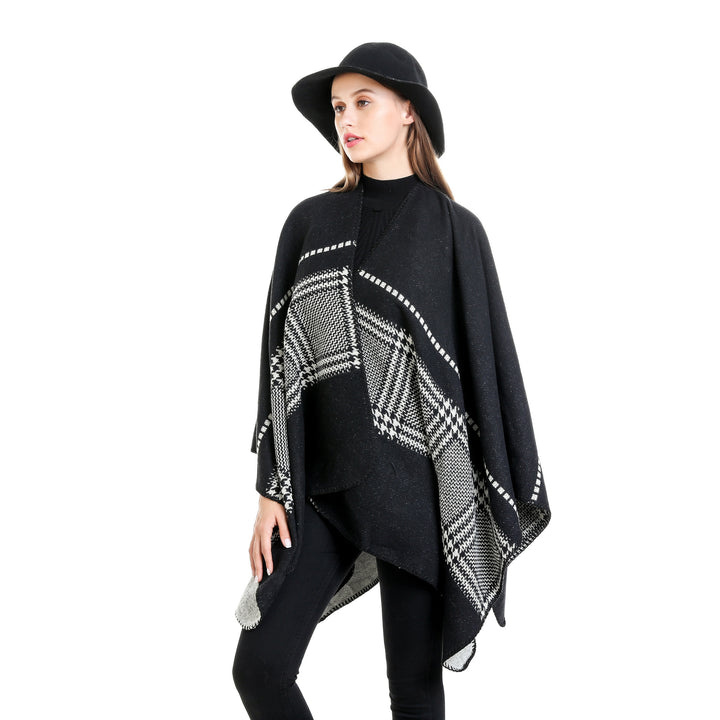 Women Jacquard wool blend ruana with open kimono fall and decorative overlock seam Mune Fashion