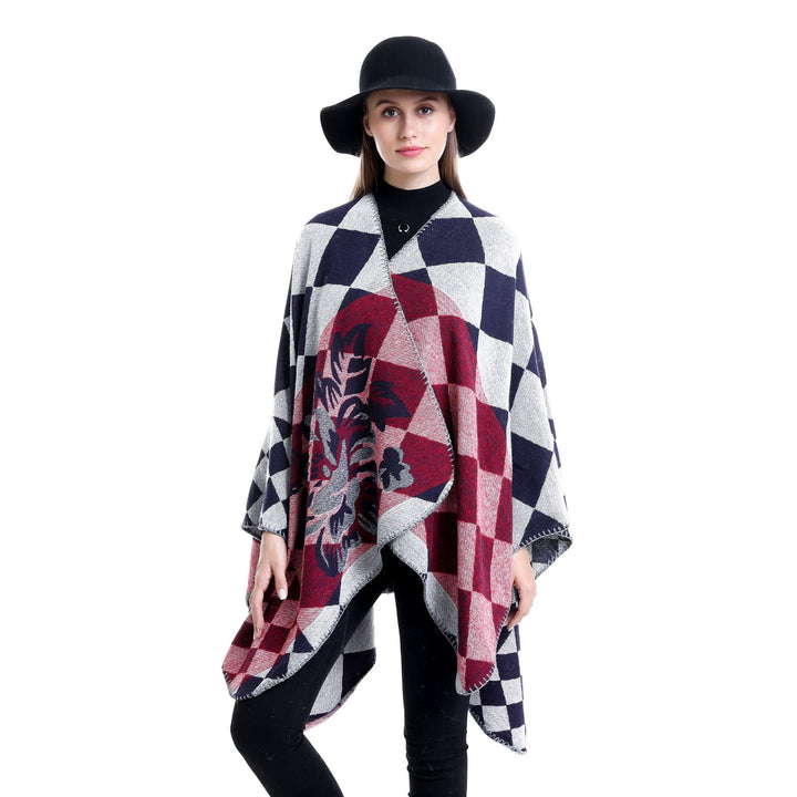 Women's Oversize Ruana in Jacquard with Check Pattern and Floral Allover Print