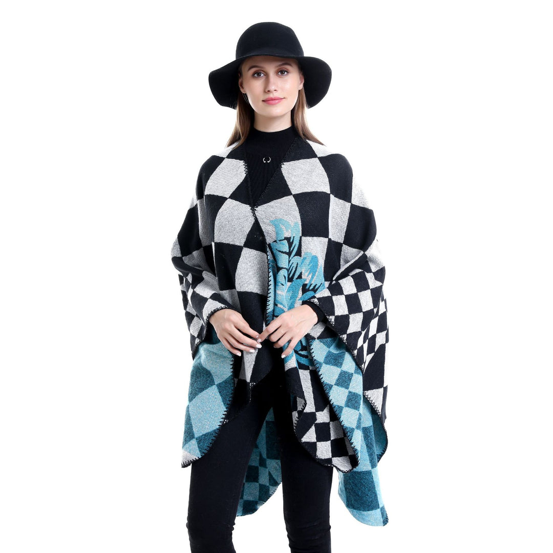 Women's Oversize Ruana in Jacquard with Check Pattern and Floral Allover Print