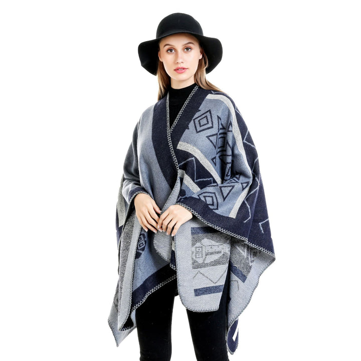 Women's Lightweight Ruana Wrap with Geometric Jacquard and Asymmetrical Hem Mune Fashion