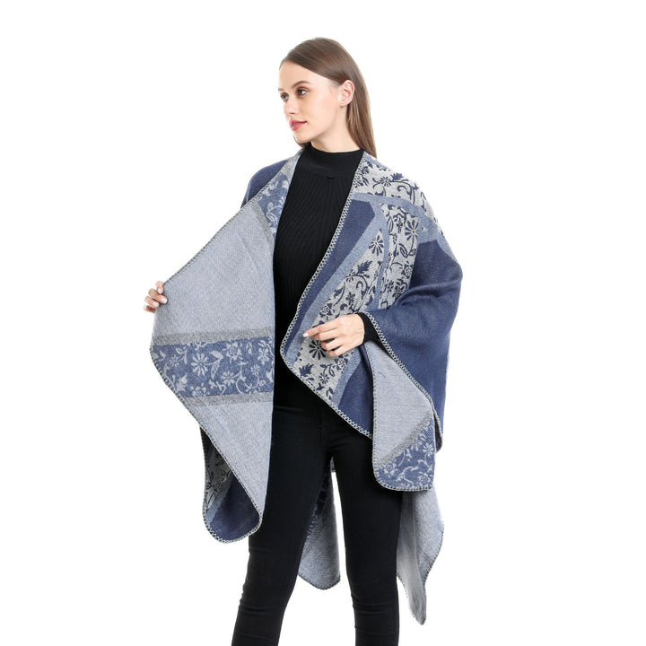 Ladies Jacquard Poncho with Floral Intarsia and Open Ruana Silhouette Mune Fashion
