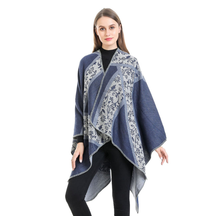 Ladies Jacquard Poncho with Floral Intarsia and Open Ruana Silhouette Mune Fashion